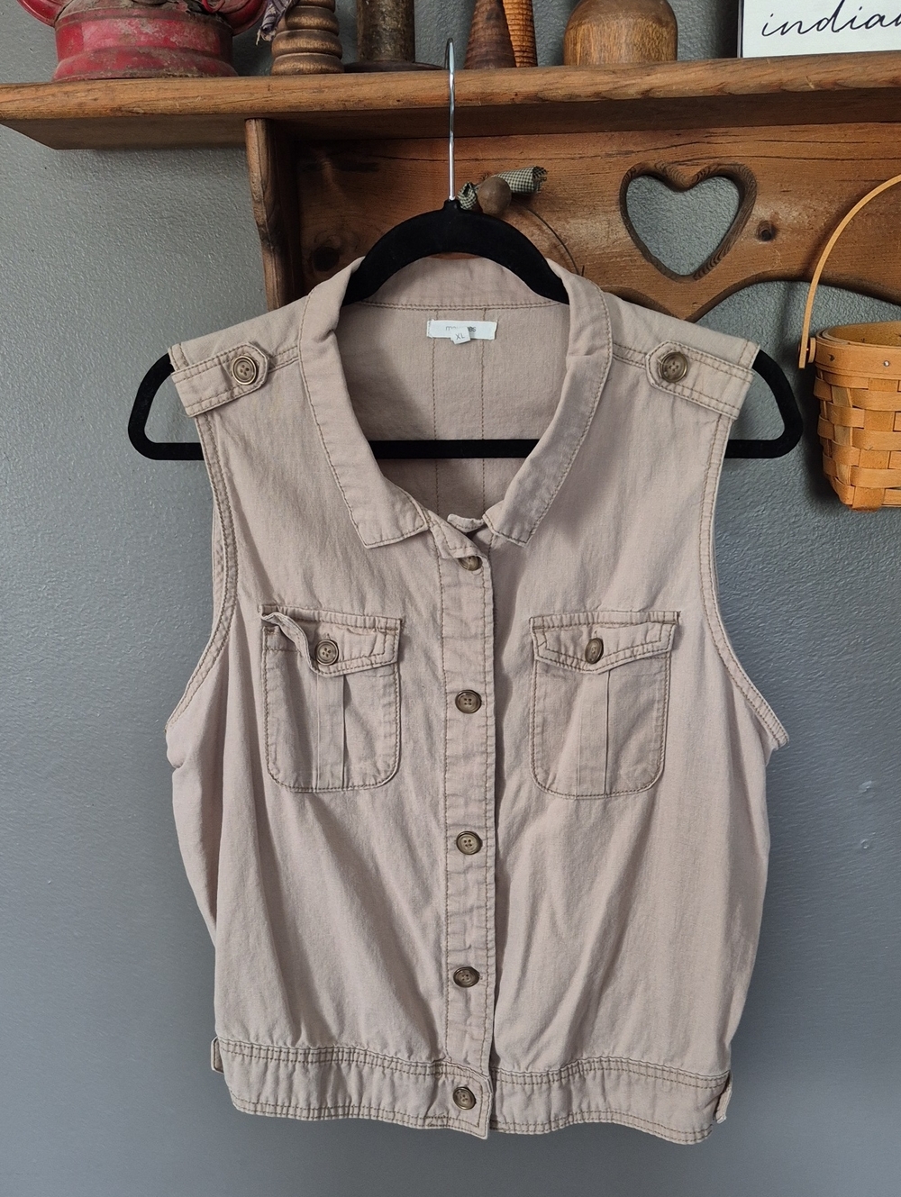 Maurices Beige Sleeveless Button-Front Utility Vest